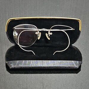 Vintage Rimless Eyeglasses Silver Antique Bridge Drill Mount Glasses + Case